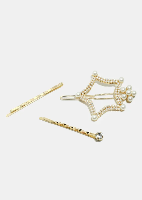 3-Piece Pearl Studded Star Hair Pins