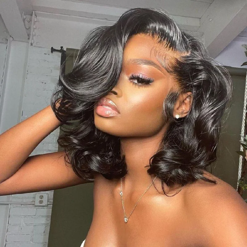 curly wigs for prom -WOWANGEL 13x4 Skinlike HD Lace Frontal Bob Wig Short Wave BOB 250% Density