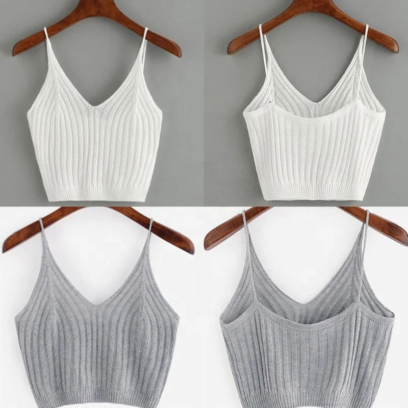 short wigs for round faces -2024 Wholesale Women's Fashion Spaghetti Strap Sexy Sleeveless Cami Knit Vest Solid Color Slim Short Tops V-neck Crop Top