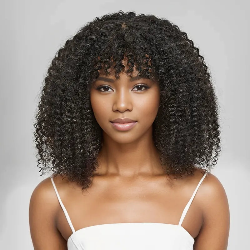 wigs with adjustable straps -For Beginners Glueless Kinky Curly Wear Go Bob Wig With Bangs