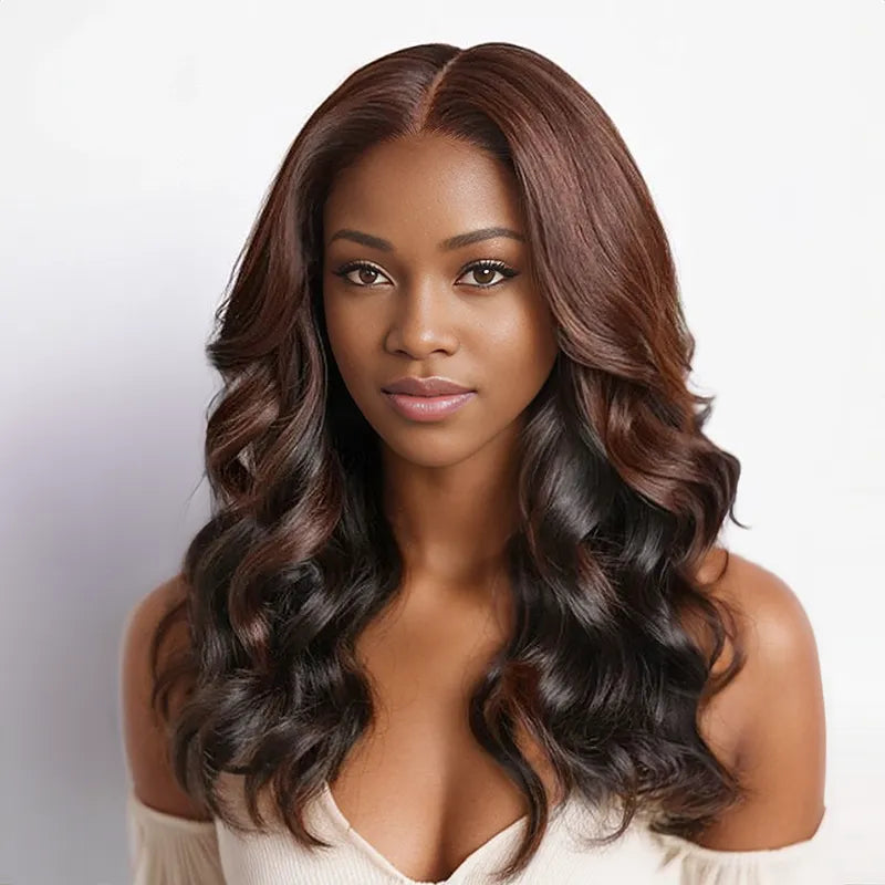 best affordable human hair wigs -Ready to Go 9x6 Glueless Peekaboo Bronze Brown Bob Wig Body Wave