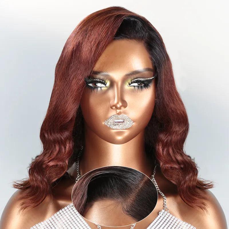 premium wigs for black women -7x5 13x4 C Part Glueless Reddish Brown Bob Wig Wavy Frontal Wig