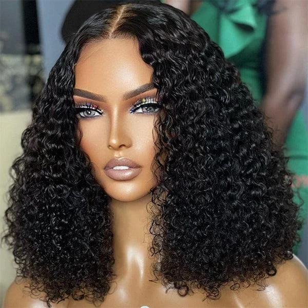 cheap synthetic wigs online -Kinky Curly Bob Wig T Part Lace Front Pre-plucked Hairline