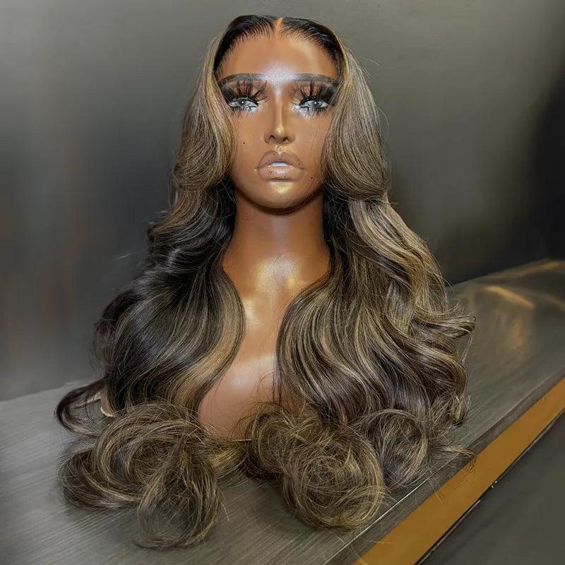 synthetic wigs for long hair -7x5 13x4 Layered Glueless Ash Blonde Highlight Color Body Wave Frontal Wig