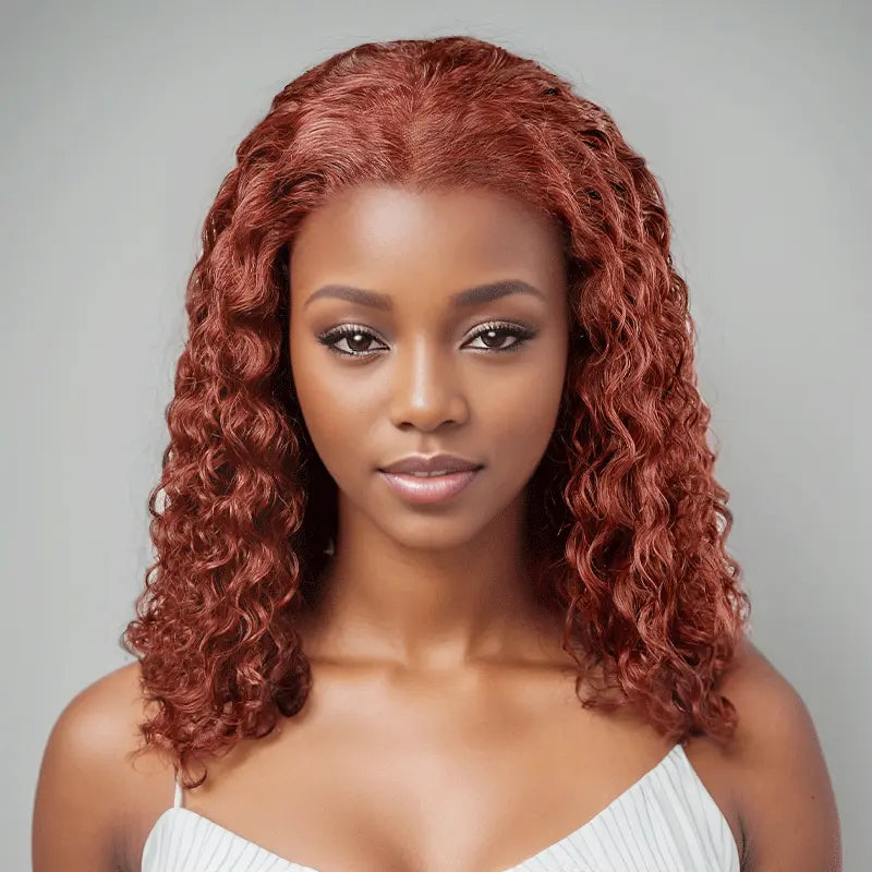 wigs with low maintenance -7x5 13x4 Glamorous Glueless Reddish Brown Bob Wig Curly Wave Frontal Wig