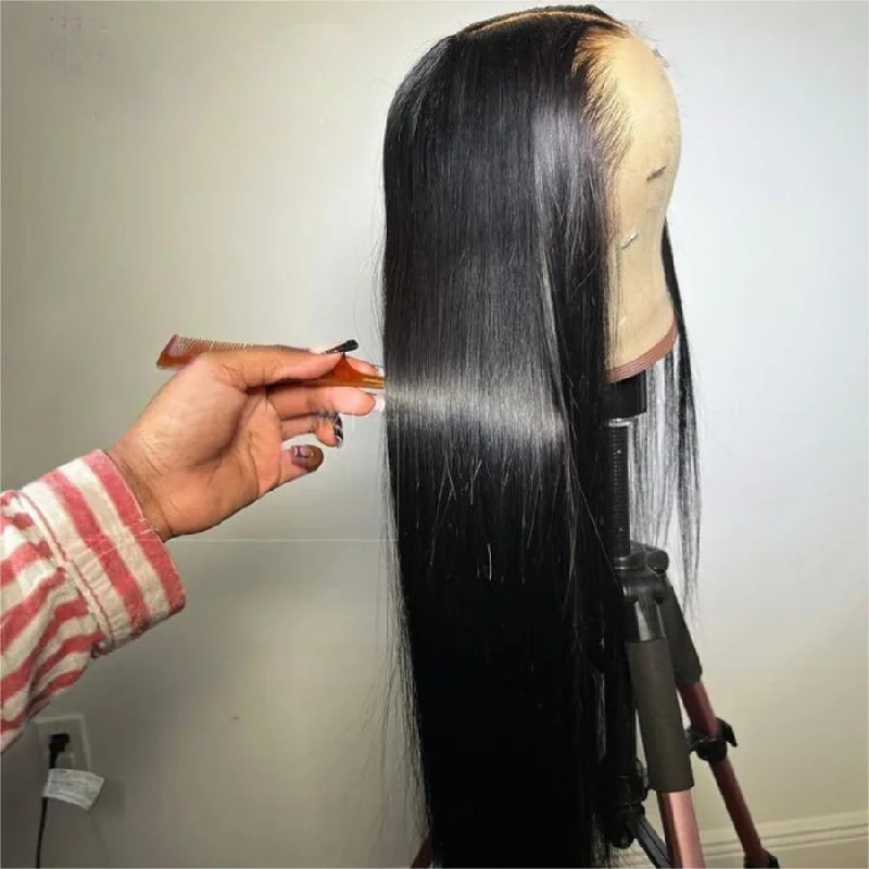 wigs for heat styling -WOWANGEL Jet Black 13X6 Skinlike Real HD Lace Front Wig Silk Straight