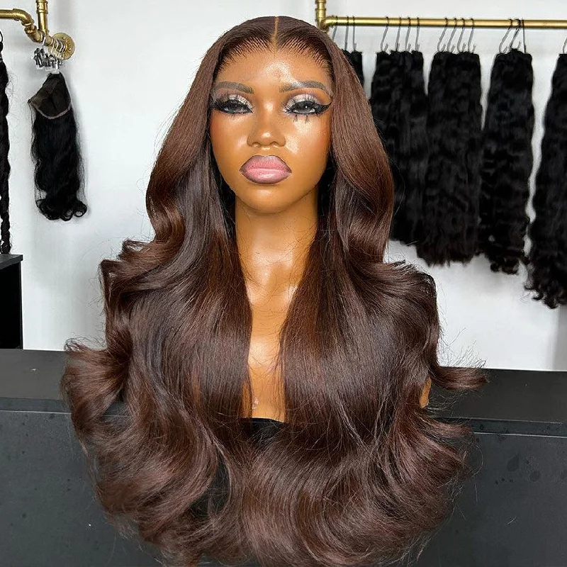 lace front wigs for sale -WOWANGEL 6x6 Skinlike Real HD Lace Closure Wig #4 Brown Color Body Wave