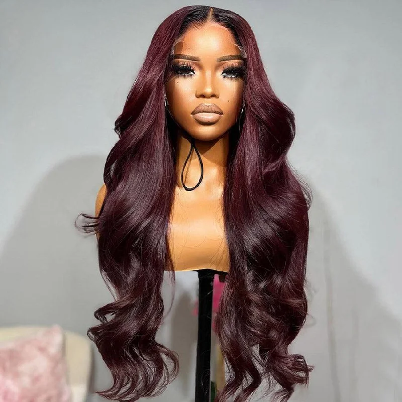 celebrity wigs for women -WOWANGEL 99J Burgundy 6x6 Skinlike Real HD Lace Closure Wig with Dark Root