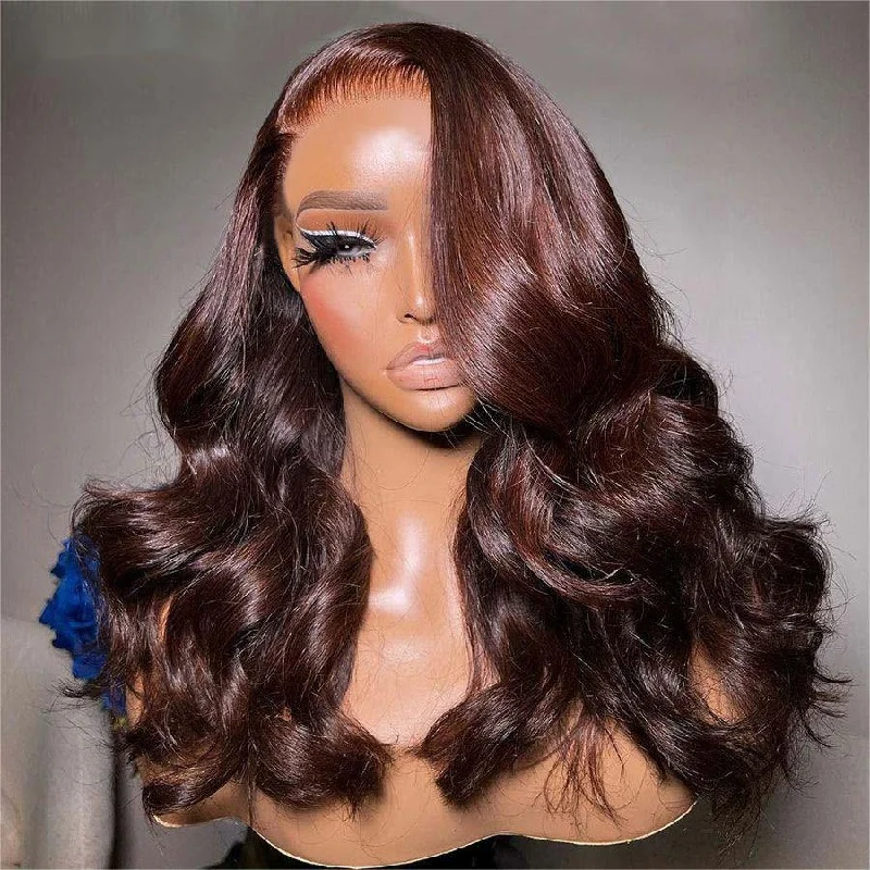 wigs for cosplay characters -WOWANGEL 9X6 Wear Go Glueless Wig Dark Reddish Brown HD Lace Wigs Body Wave