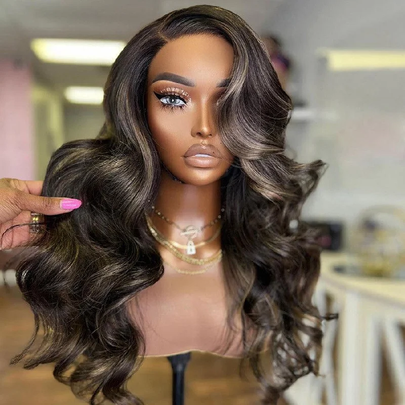 premium wigs for black women -WOWANGEL Ash Blonde Highlight HD Lace Closure Wig Glueless Wear & Go Wig