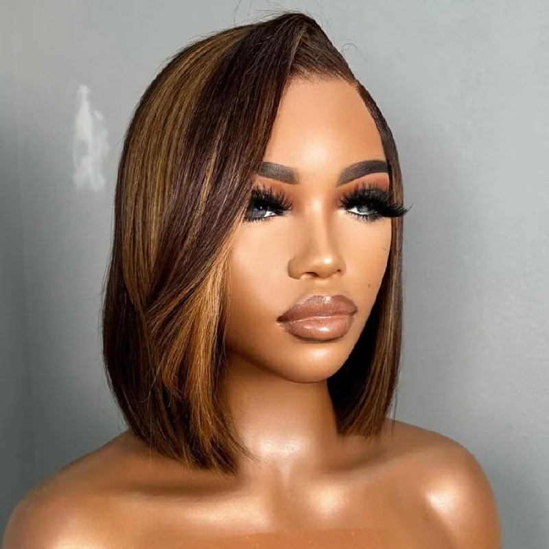 wigs for wedding events -WOWANGEL Blonde Highlight Straight Short Bob Wig 5x5 HD Lace Closure Wig