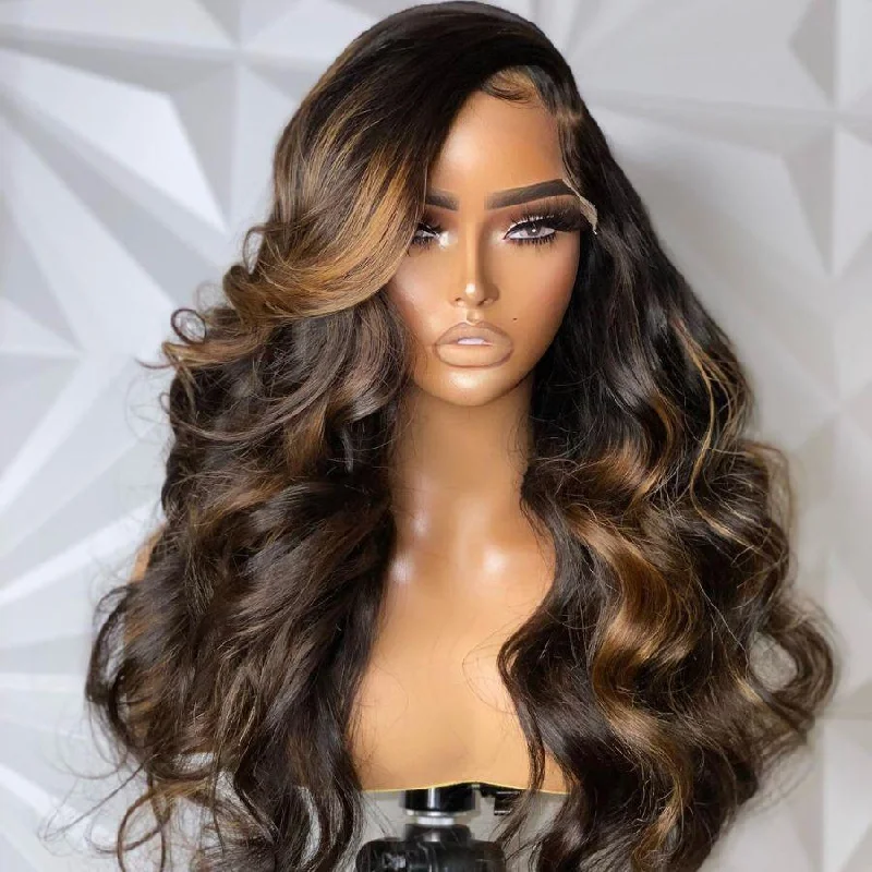 natural-looking short wigs -WOWANGEL Brown Highlight 13x4 Skinlike Real HD Lace Full Frontal Wig