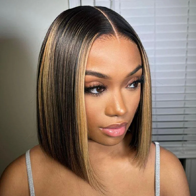 full lace wigs for black women -WOWANGEL Highlight Straight Short Bob Wig 5x5 HD Lace Closure Glueless Wig