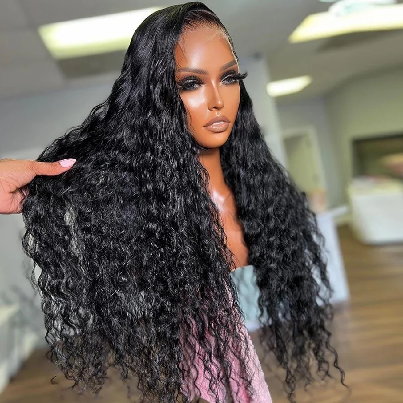 wigs for prom and parties -WOWANGEL Jet Black 13x4 Full Lace Frontal Wigs Skinlike Real HD Lace Water Wave