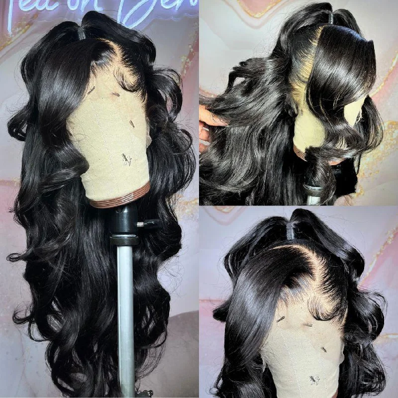 glamorous wigs for women -WOWANGEL Jet Black 13X6 HD Lace Full Frontal Wig Clean Hairline Body Wave