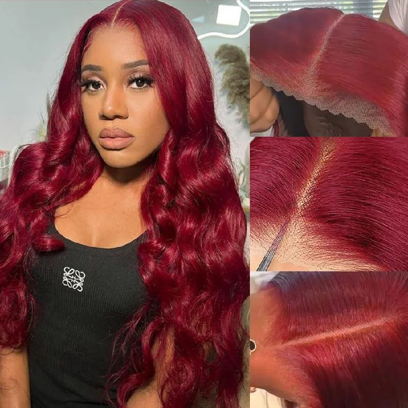 wigs with adjustable straps -WOWANGEL Plum Red 5X5 HD Lace Closure Wig Body Wave Glueless Wigs