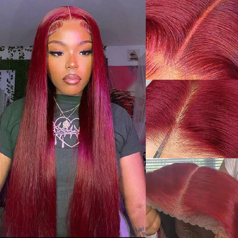 wigs for frizzy hair -WOWANGEL Plum Red 5X5 HD Lace Closure Wig Straight Glueless Wigs