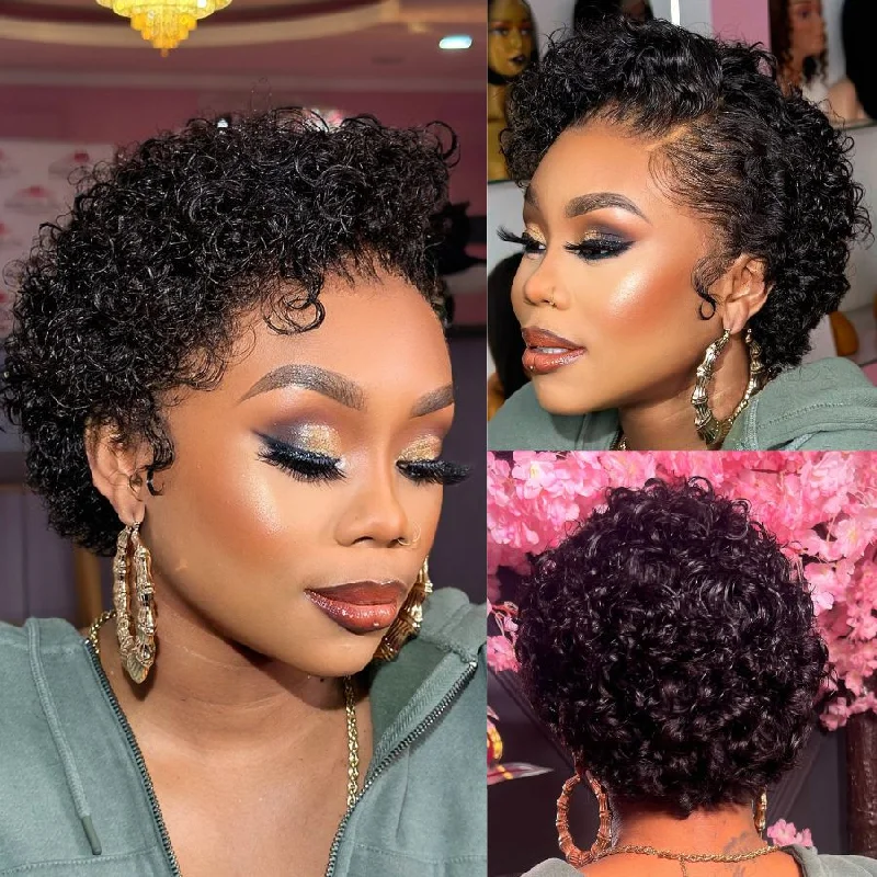 thick wigs for voluminous hair -WOWANGEL Short Curly Pixie 13x4 Skinlike HD Lace Frontal Bob Wig