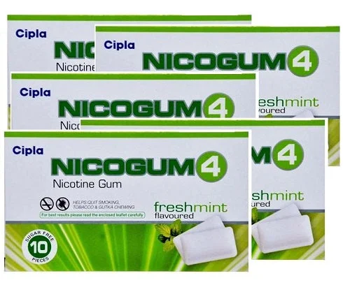 Nicogum 4 Nicotine Gum Fresh Mint Sugar Free 10 pieces, PACK OF 5